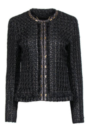 Current Boutique-Elie Tahari - Black & Gold Tweed Clasped Jacket w/ Braided & Embellished Trim Sz M