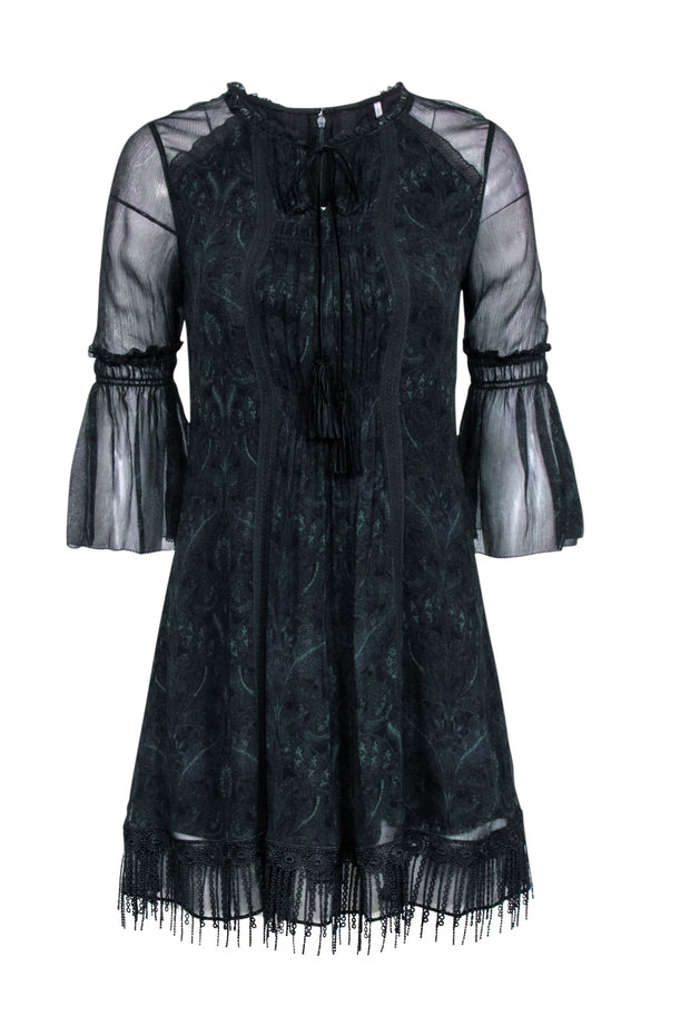Current Boutique-Elie Tahari - Black & Green A-Line Bell Sleeve Dress Sz 2