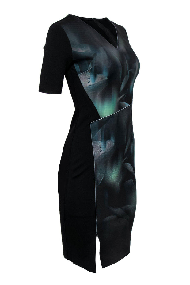 Current Boutique-Elie Tahari - Black & Green Abstract Printed Sheath Dress Sz 2