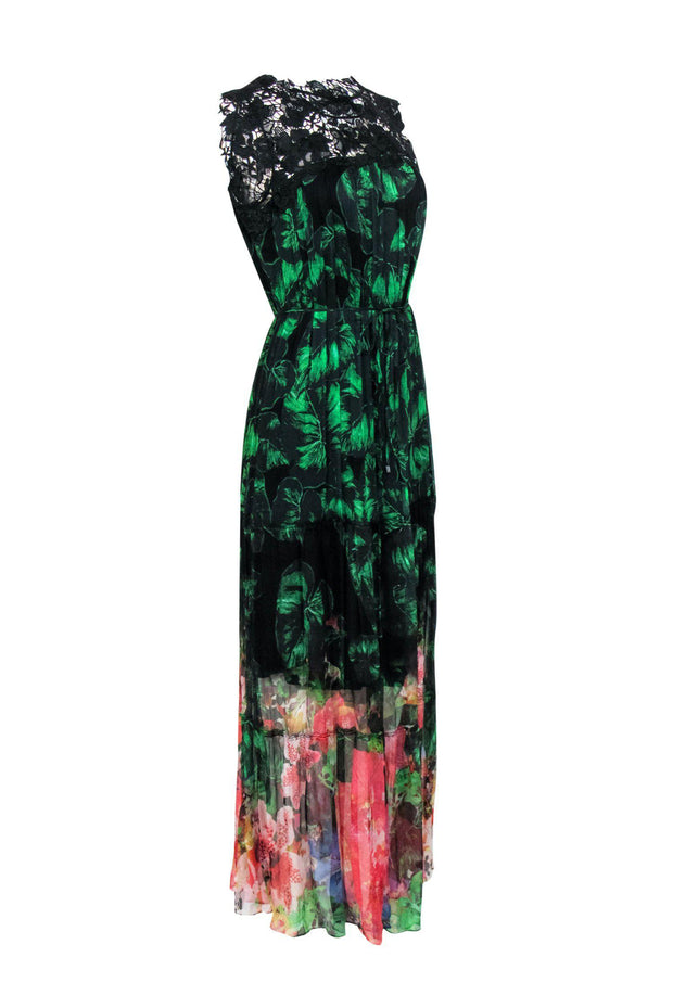 Current Boutique-Elie Tahari - Black & Green Leaf & Floral Print Pleated Silk Maxi Dress Sz S