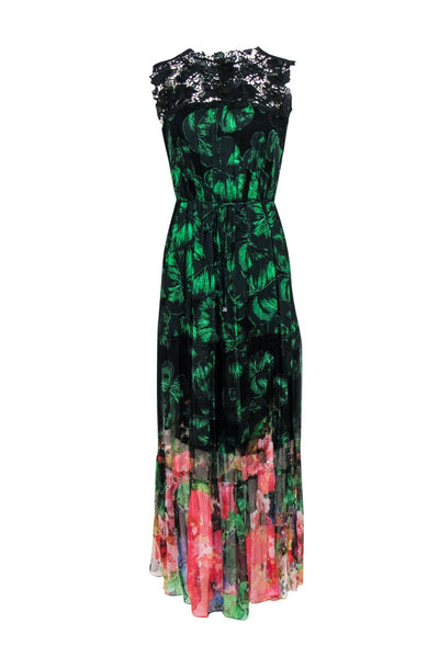 Current Boutique-Elie Tahari - Black & Green Leaf & Floral Print Pleated Silk Maxi Dress Sz S