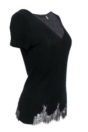 Current Boutique-Elie Tahari - Black Knit Short Sleeved Tee w/ Lace Hem Sz M