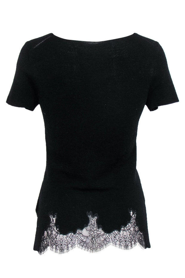 Current Boutique-Elie Tahari - Black Knit Short Sleeved Tee w/ Lace Hem Sz M