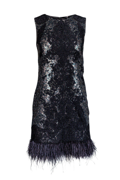 Current Boutique-Elie Tahari - Black Lace, Animal Print & Feather Dress Sz 0