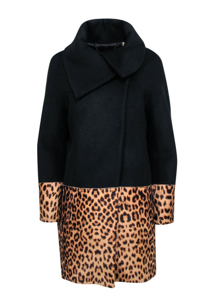 Current Boutique-Elie Tahari - Black & Leopard Print Wool blend Coat Sz M