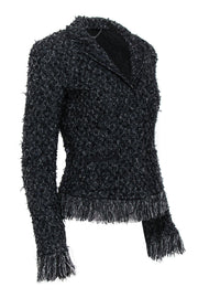 Current Boutique-Elie Tahari - Black Tweed Button-Up Blazer w/ Fringe Trim Sz S
