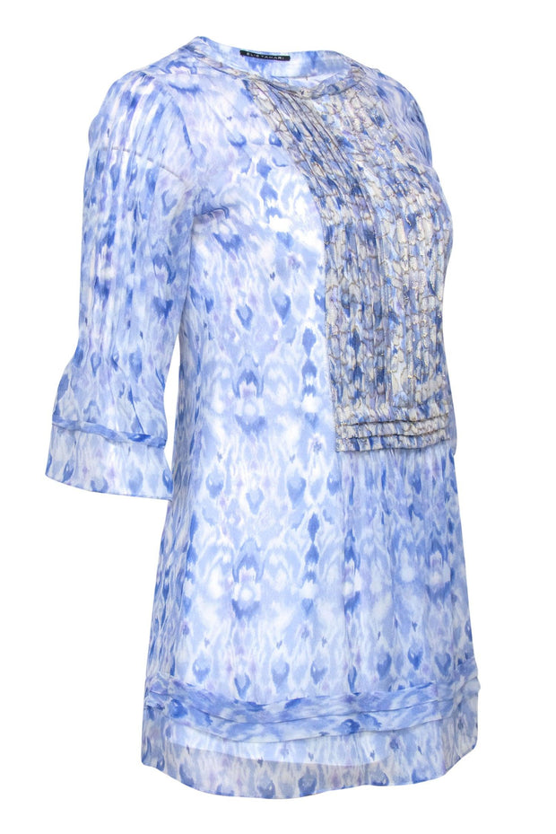 Current Boutique-Elie Tahari - Blue Marbled Silky Tunic Top w/ Gold Embroidery Sz XS