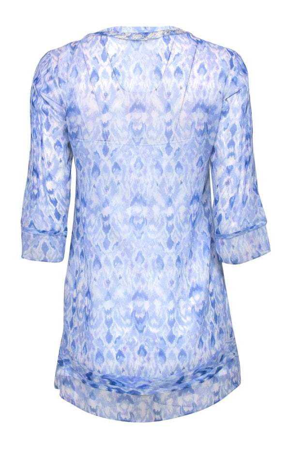 Current Boutique-Elie Tahari - Blue Marbled Silky Tunic Top w/ Gold Embroidery Sz XS