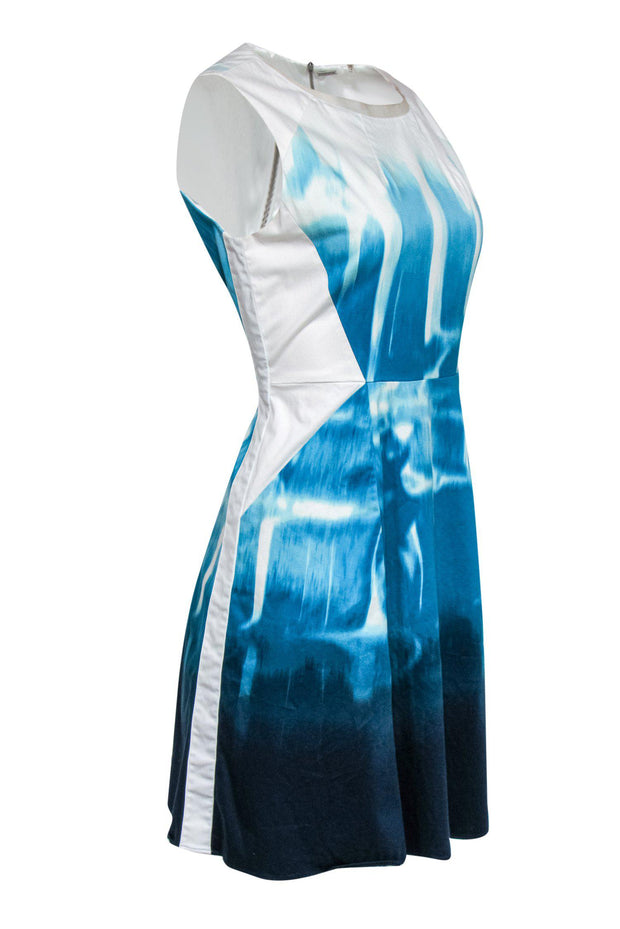 Current Boutique-Elie Tahari - Blue Ombre Swirl Printed A-Line Dress Sz 10
