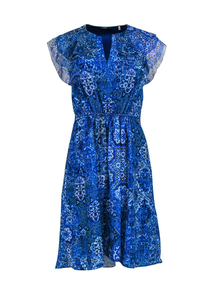 Current Boutique-Elie Tahari - Blue Printed Silk Dress w/ Ruffle Sleeves Sz 2