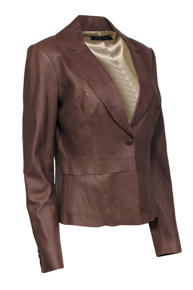 Current Boutique-Elie Tahari - Brown Leather Buttoned Collared Jacket Sz M