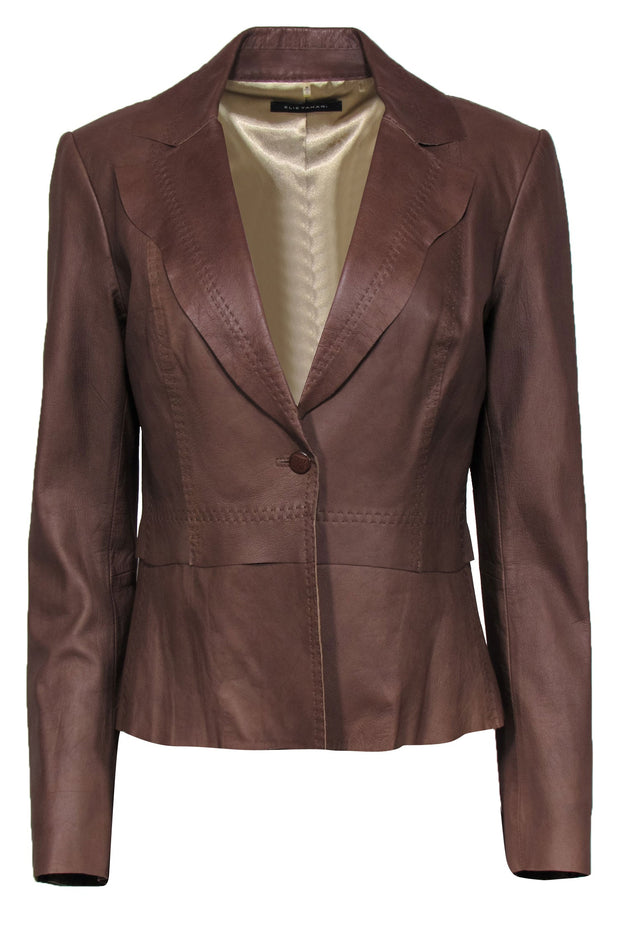 Current Boutique-Elie Tahari - Brown Leather Buttoned Collared Jacket Sz M