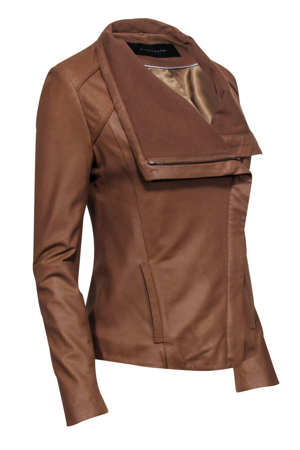 Current Boutique-Elie Tahari - Brown Leather Zip-Up Jacket Sz XS