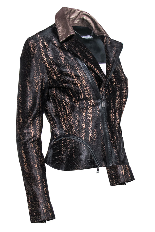 Current Boutique-Elie Tahari - Brown Leopard Print Calf Hair Moto Jacket w/ Leather Trim Sz XS