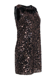 Current Boutique-Elie Tahari - Brown Sequin Sleeveless Shift Dress w/ Feather & Beaded Neckline Sz 6