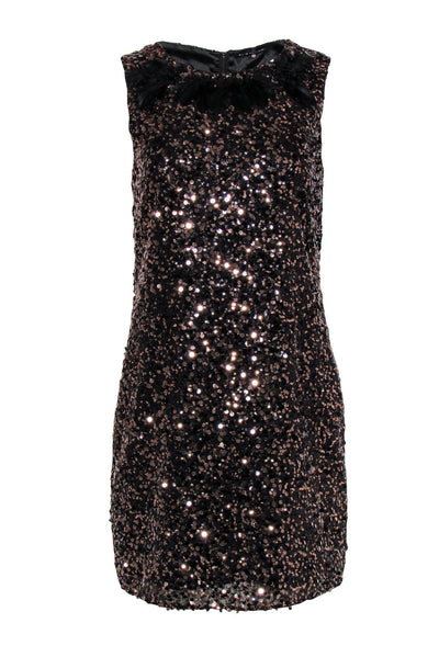 Current Boutique-Elie Tahari - Brown Sequin Sleeveless Shift Dress w/ Feather & Beaded Neckline Sz 6