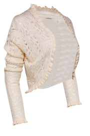 Current Boutique-Elie Tahari - Cream Crochet Ruffled Cropped Merino Wool Cardigan Sz M