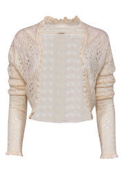 Current Boutique-Elie Tahari - Cream Crochet Ruffled Cropped Merino Wool Cardigan Sz M