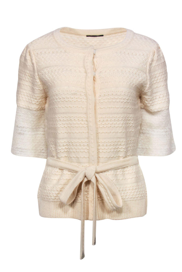 Current Boutique-Elie Tahari - Cream Quarter Sleeve Button-Up Knitted Cardigan w/ Tie Belt Sz L