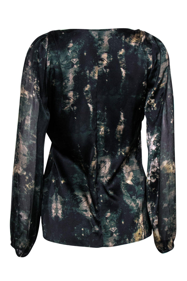 Current Boutique-Elie Tahari - Dark Green Floral Silk Blend Blouse Sz S