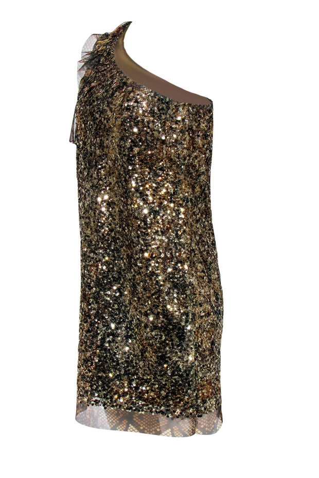 Current Boutique-Elie Tahari - Gold One-Shoulder Sequined Cocktail Dress Sz 6