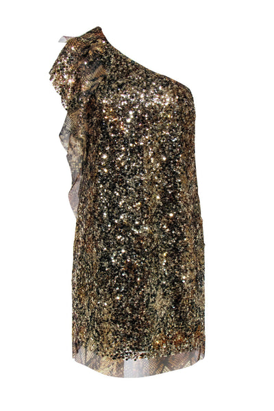 Current Boutique-Elie Tahari - Gold One-Shoulder Sequined Cocktail Dress Sz 6