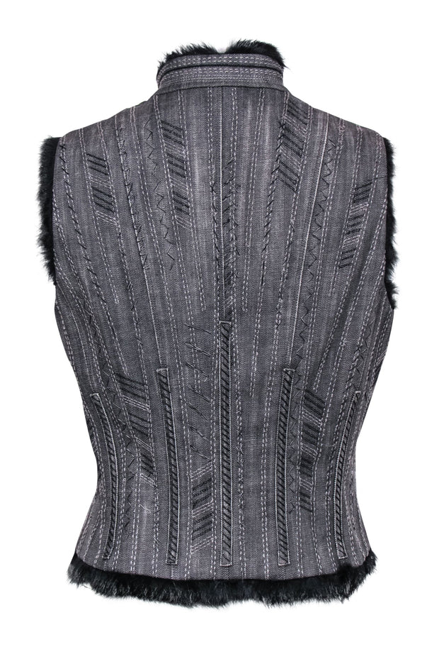 Current Boutique-Elie Tahari - Gray Denim Embroidered Vest w/ Rabbit Fur Sz M