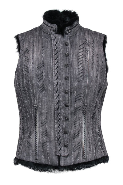 Current Boutique-Elie Tahari - Gray Denim Embroidered Vest w/ Rabbit Fur Sz M