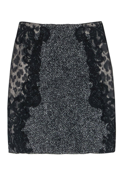 Current Boutique-Elie Tahari - Gray Marbled Tweed Pencil Skirt w/ Leopard Spots & Lace Sz 2