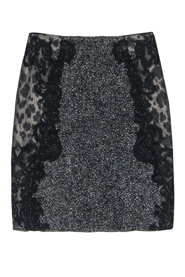 Current Boutique-Elie Tahari - Gray Marbled Tweed Pencil Skirt w/ Leopard Spots & Lace Sz 2