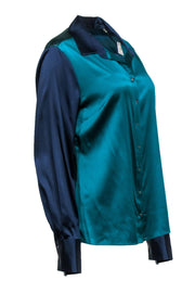 Current Boutique-Elie Tahari - Green & Navy Silk Satin Button-Up Blouse Sz L