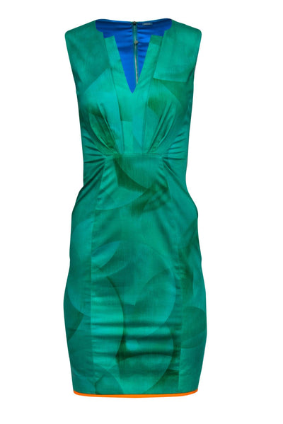 Current Boutique-Elie Tahari - Green Patterned Sheath Dress w/ Orange Trim Sz 0