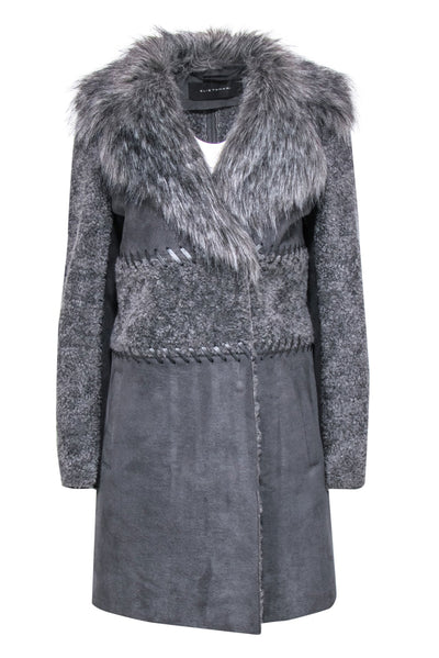 Current Boutique-Elie Tahari - Grey Faux Suede & Fur Longline Coat w/ Lace-Up Trim Sz M