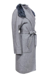 Current Boutique-Elie Tahari - Grey Longline Belted Wool Coat w/ Fur Collar Sz M