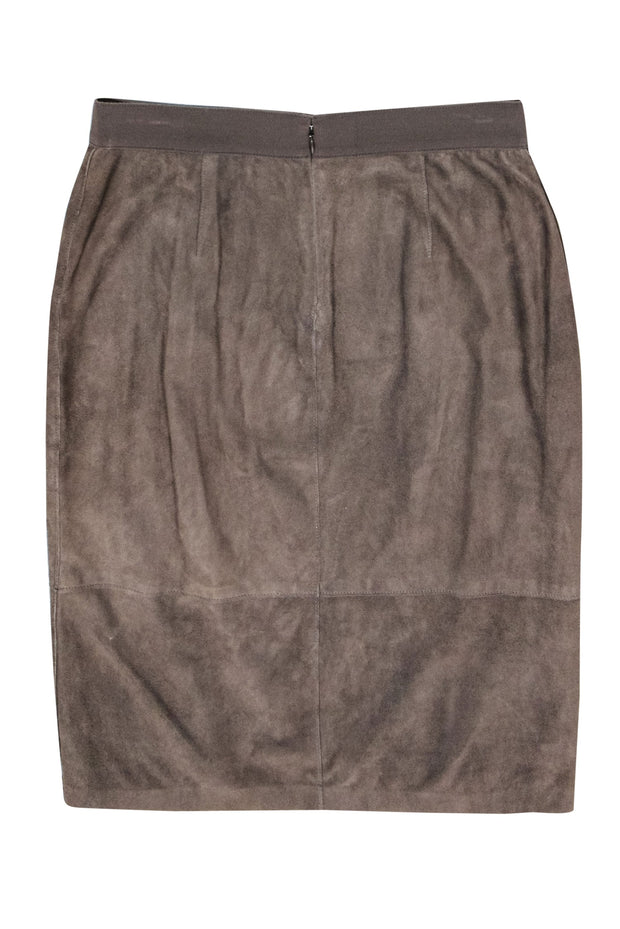 Current Boutique-Elie Tahari - Grey Suede Pencil Skirt w/ Stitched Trim Sz M