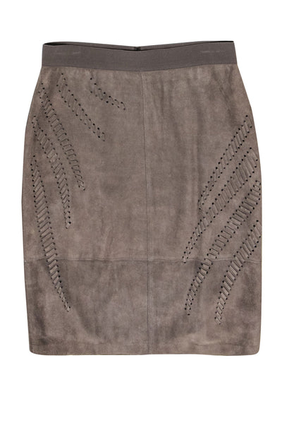 Current Boutique-Elie Tahari - Grey Suede Pencil Skirt w/ Stitched Trim Sz M