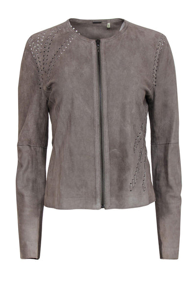 Current Boutique-Elie Tahari - Grey Suede Zip-Up Jacket w/ Stitched Trim Sz M