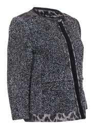 Current Boutique-Elie Tahari - Grey Tweed Snap-Up Jacket w/ Leopard Print & Leather Trim Sz 10