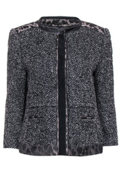 Current Boutique-Elie Tahari - Grey Tweed Snap-Up Jacket w/ Leopard Print & Leather Trim Sz 10