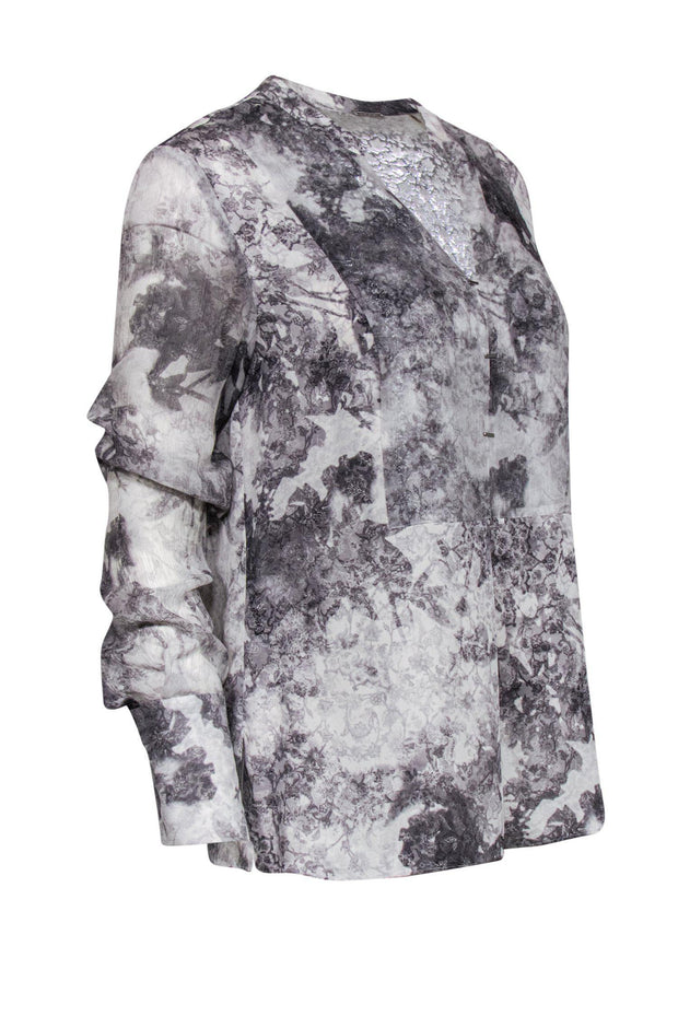 Current Boutique-Elie Tahari - Grey & White Shimmer Floral Print Blouse Sz S