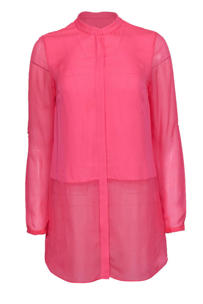 Current Boutique-Elie Tahari - Hot Pink Button-Up Silk Blouse w/ Sheer Hem & Sleeves Sz XS