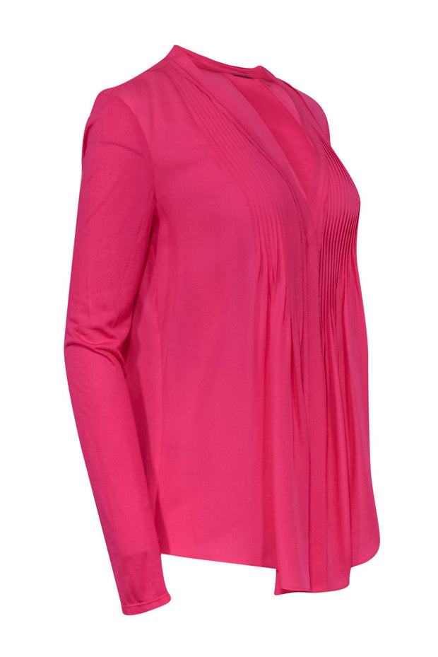 Current Boutique-Elie Tahari - Hot Pink Pleated Long Sleeve Clasped Silk Blouse Sz S