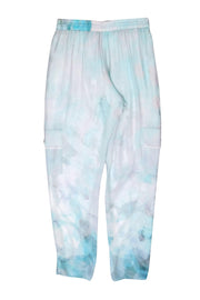 Current Boutique-Elie Tahari - Light Blue Watercolor Floral Print Silk Cargo Pants w/ Lace Trim & Tassels Sz S