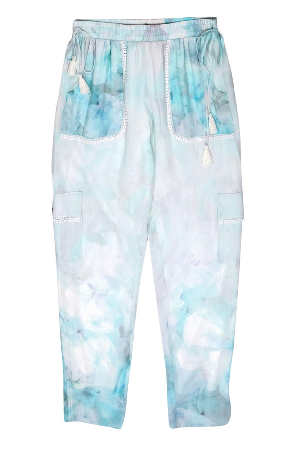 Current Boutique-Elie Tahari - Light Blue Watercolor Floral Print Silk Cargo Pants w/ Lace Trim & Tassels Sz S