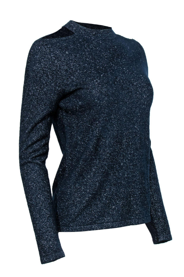Current Boutique-Elie Tahari - Metallic Blue Shoulder Cutout Sweater Sz S