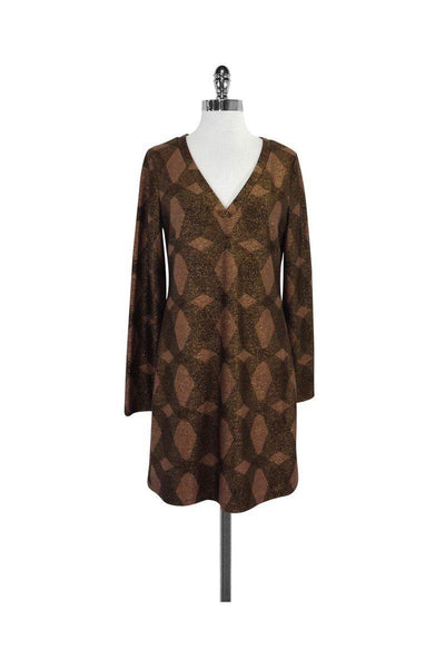 Current Boutique-Elie Tahari - Metallic Bronze & Tan Diamond Print Dress Sz 4