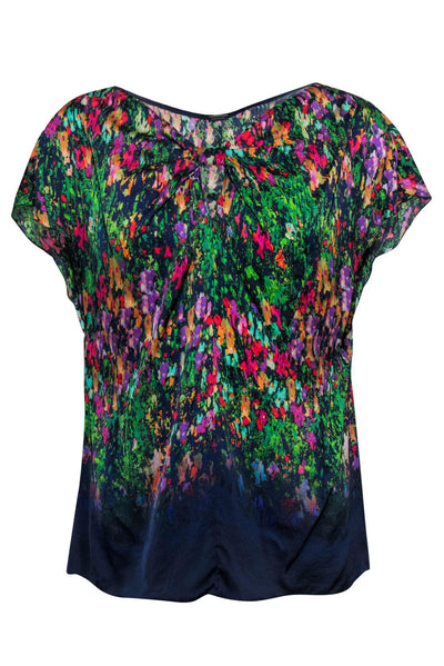 Current Boutique-Elie Tahari - Multicolor Silk Floral Blouse w/ Cap Sleeve & Knot Detail Sz M