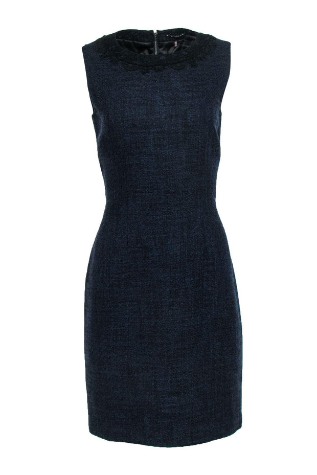 Current Boutique-Elie Tahari - Navy & Black Marbled Tweed Sheath Dress w/ Lace Trim Sz 8