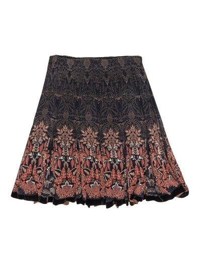 Current Boutique-Elie Tahari - Navy & Brown Paisley Print Silk Midi Skirt w/ Velvet Trim Sz 12