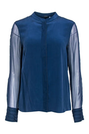 Current Boutique-Elie Tahari - Navy Button-Up Long Sleeve Silk Blouse w/ Beaded Trim Sz S